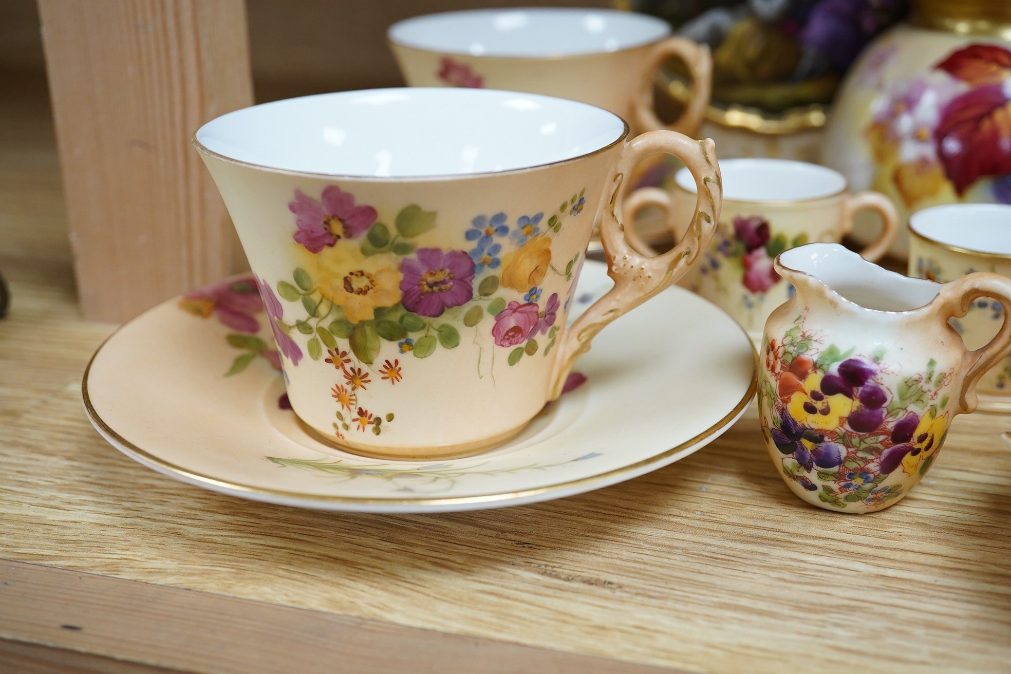 Royal Worcester including a Kitty Blake blackberry vase, a Berlin leaf dish, and a French painted moon flask, latter 21.5cm. Condition - fair to good